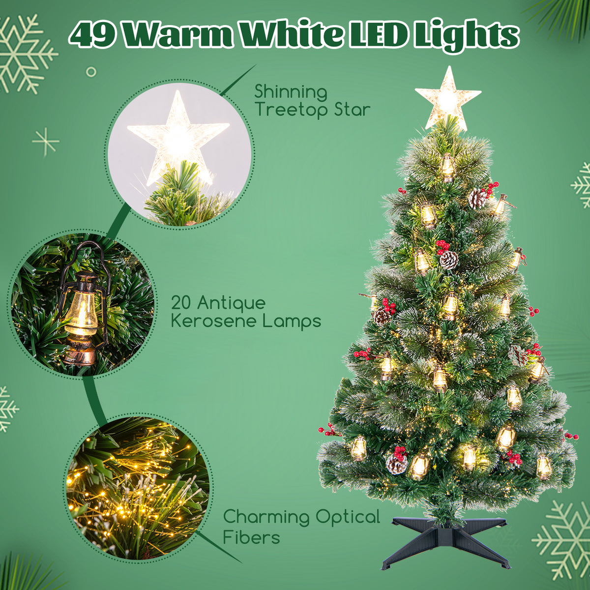 5 Ft Artificial Christmas Tree with Red Berries and Kerosene Lamps - Realistic Snowy Pine Decor