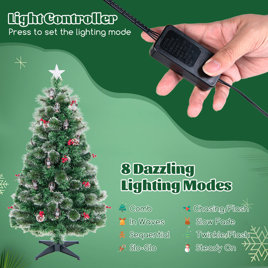 5 Ft Artificial Christmas Tree with Red Berries and Kerosene Lamps - Realistic Snowy Pine Decor