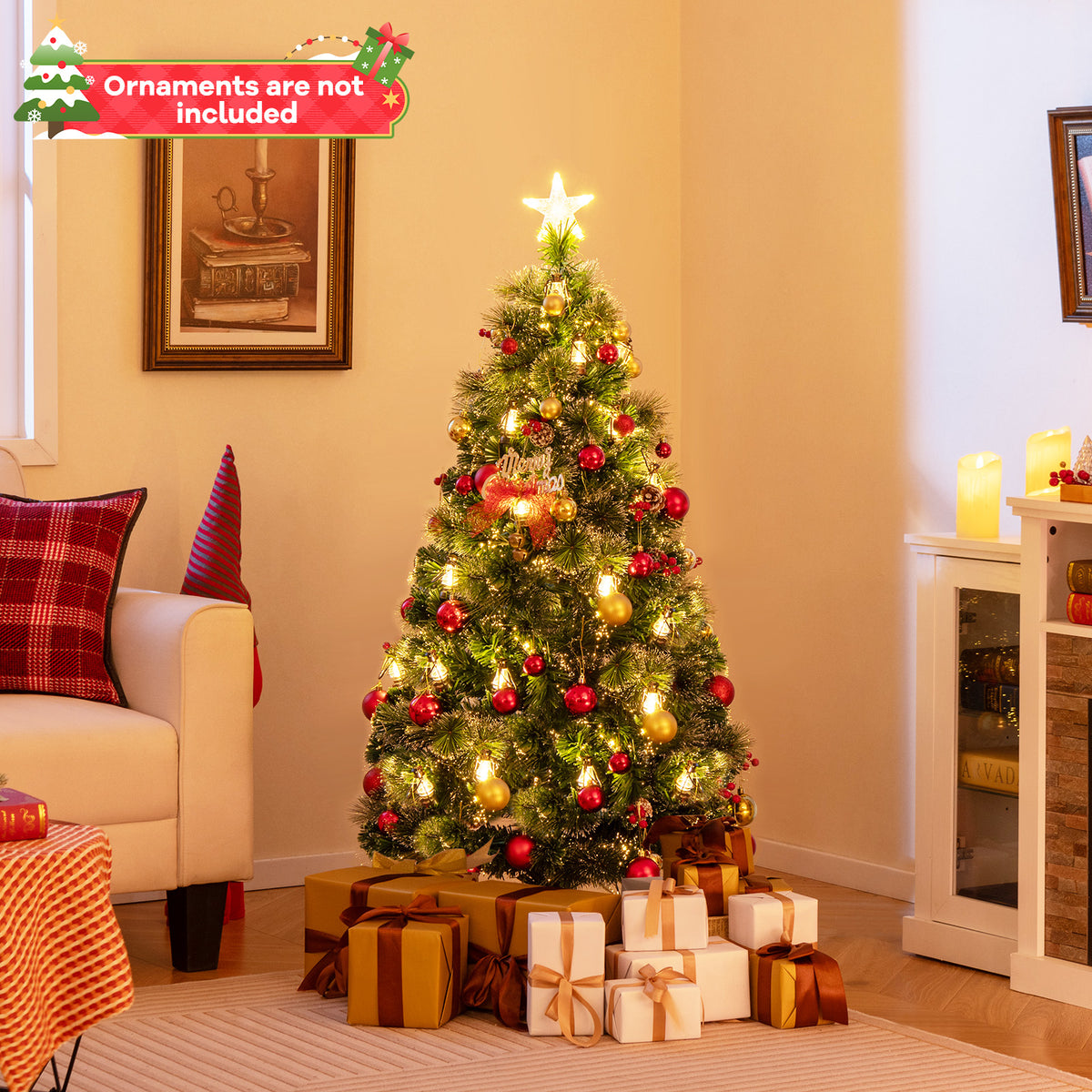 5 Ft Artificial Christmas Tree with Red Berries and Kerosene Lamps - Realistic Snowy Pine Decor