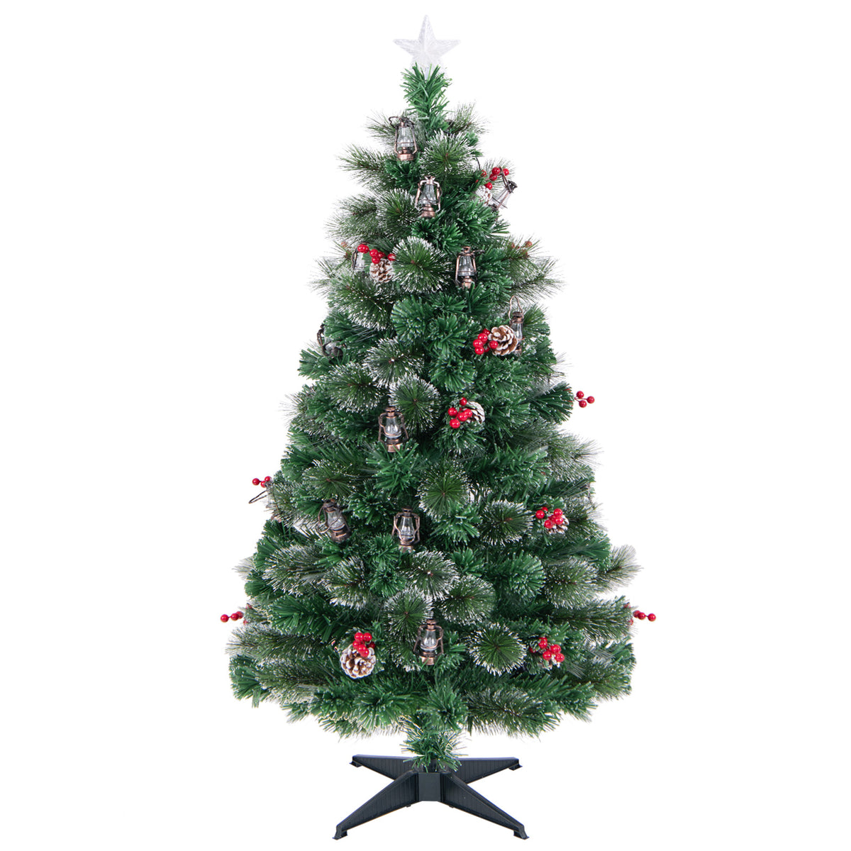 5 Ft Artificial Christmas Tree with Red Berries and Kerosene Lamps - Realistic Snowy Pine Decor