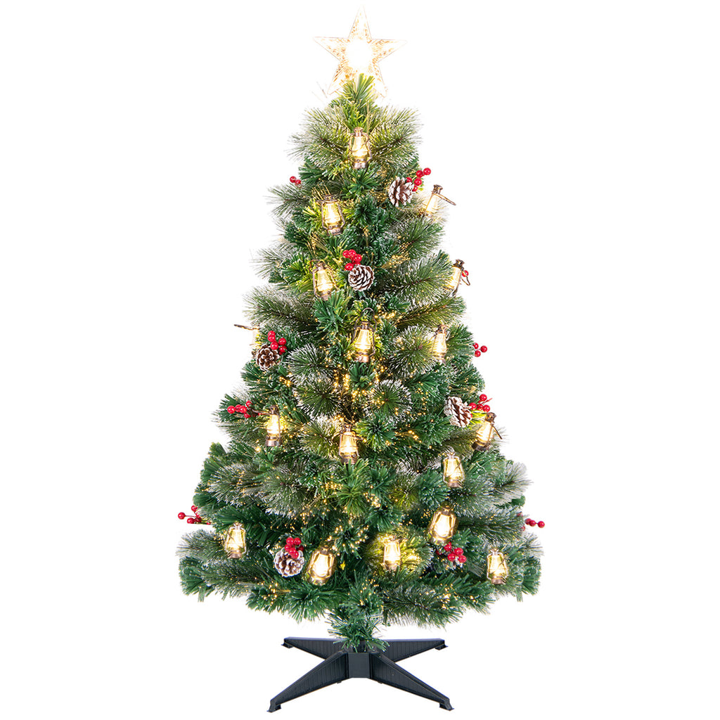 5 Ft Artificial Christmas Tree with Red Berries and Kerosene Lamps - Realistic Snowy Pine Decor