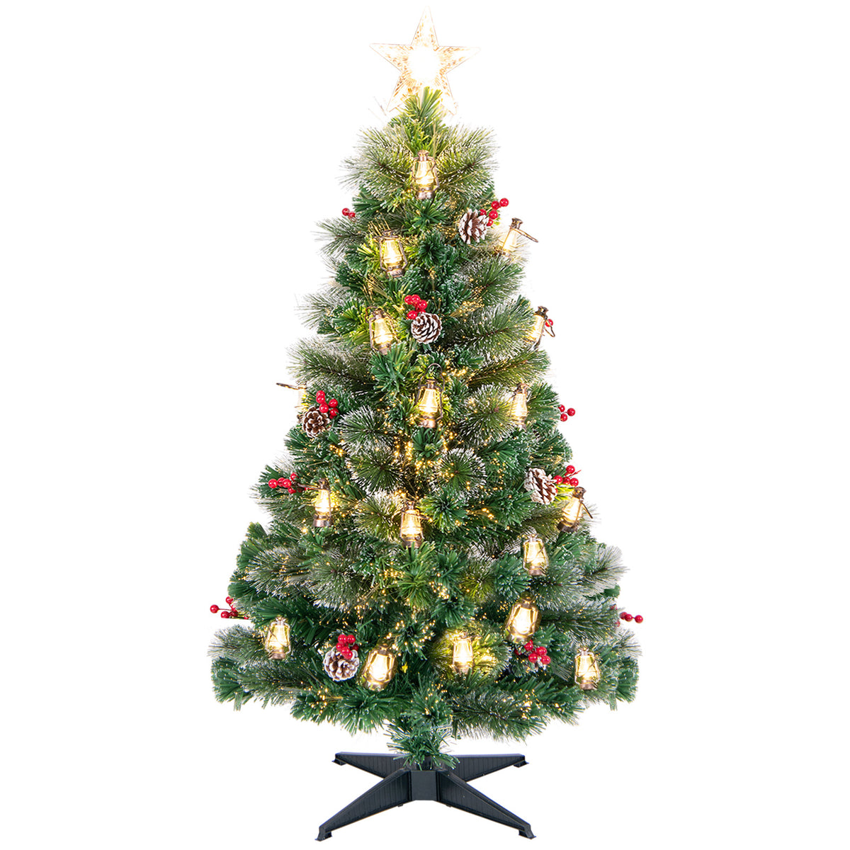 5 Ft Artificial Christmas Tree with Red Berries and Kerosene Lamps - Realistic Snowy Pine Decor