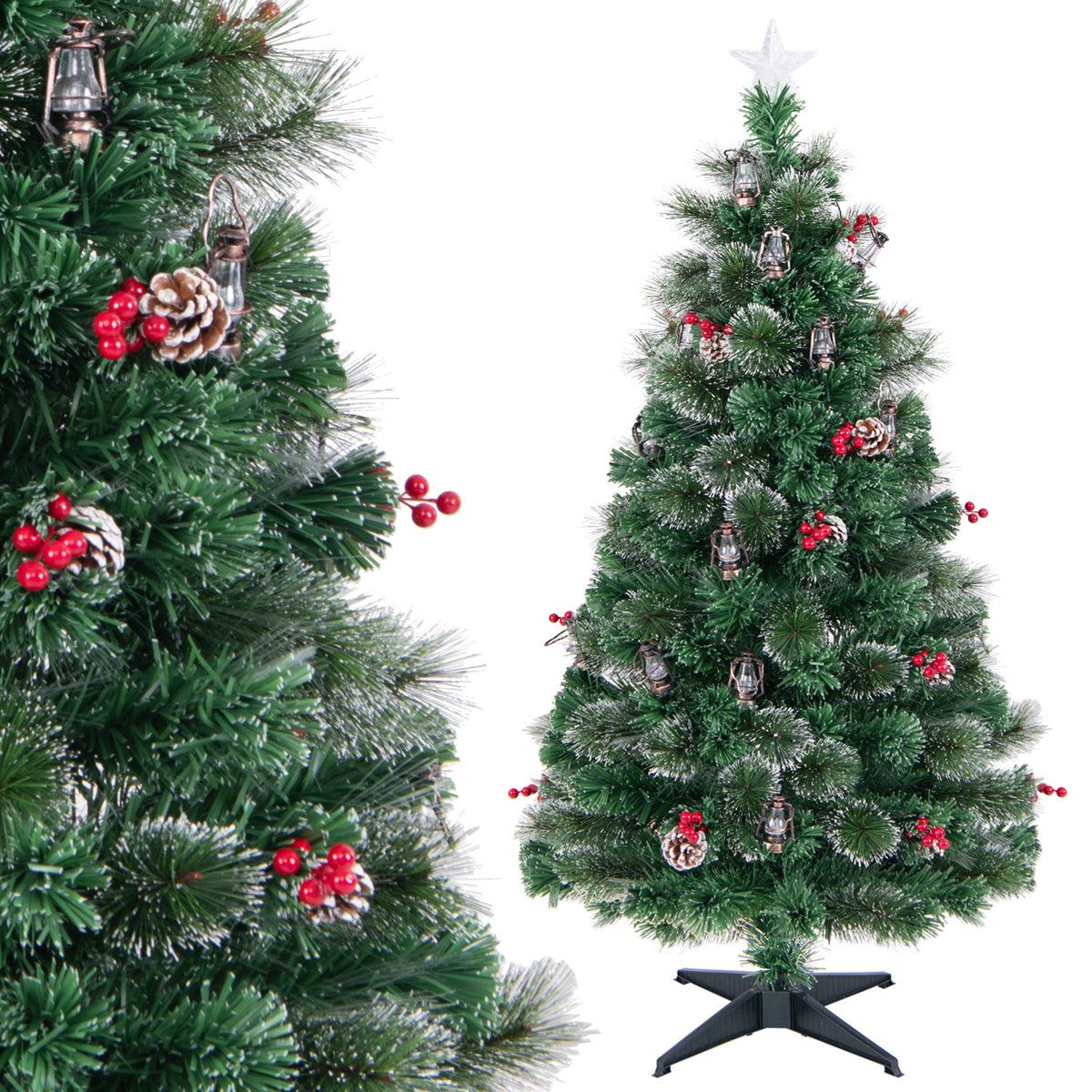 5 Ft Artificial Christmas Tree with Red Berries and Kerosene Lamps - Realistic Snowy Pine Decor