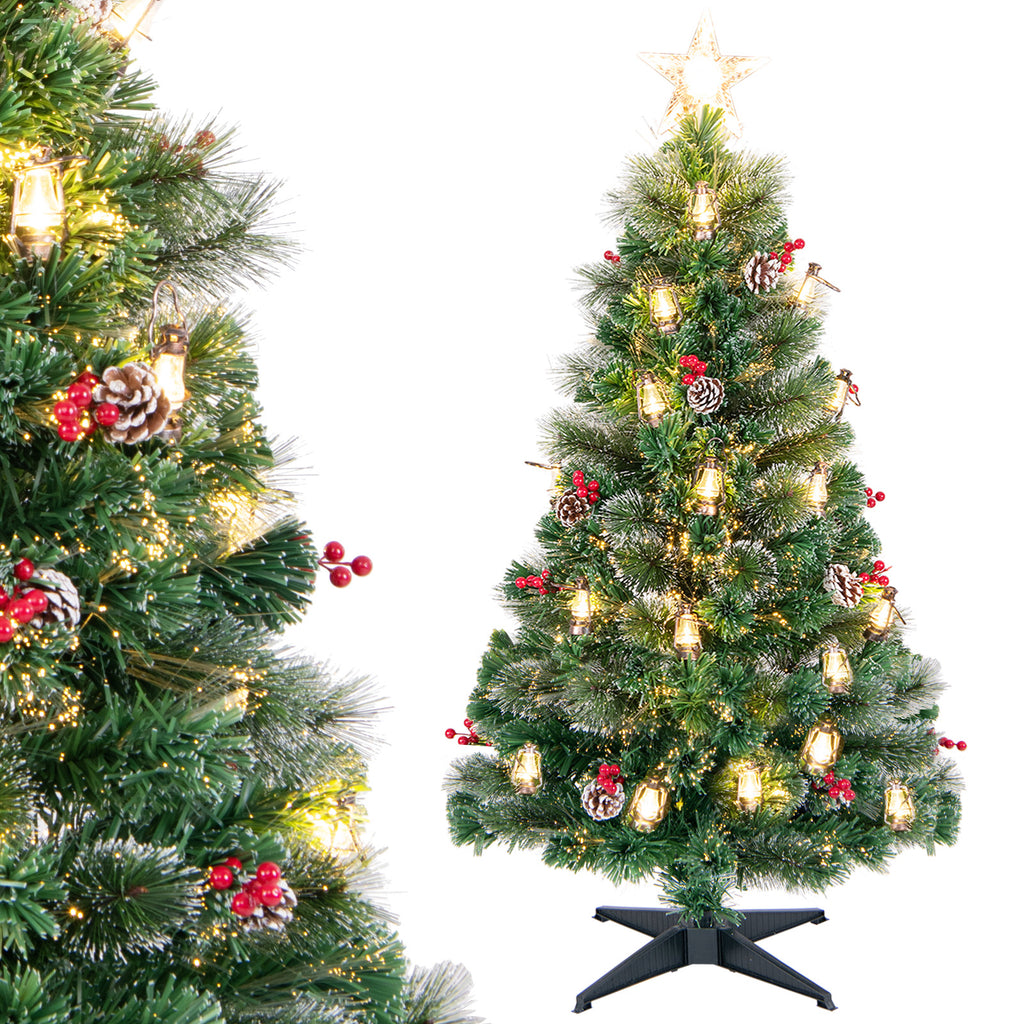 5 Ft Artificial Christmas Tree with Red Berries and Kerosene Lamps - Realistic Snowy Pine Decor