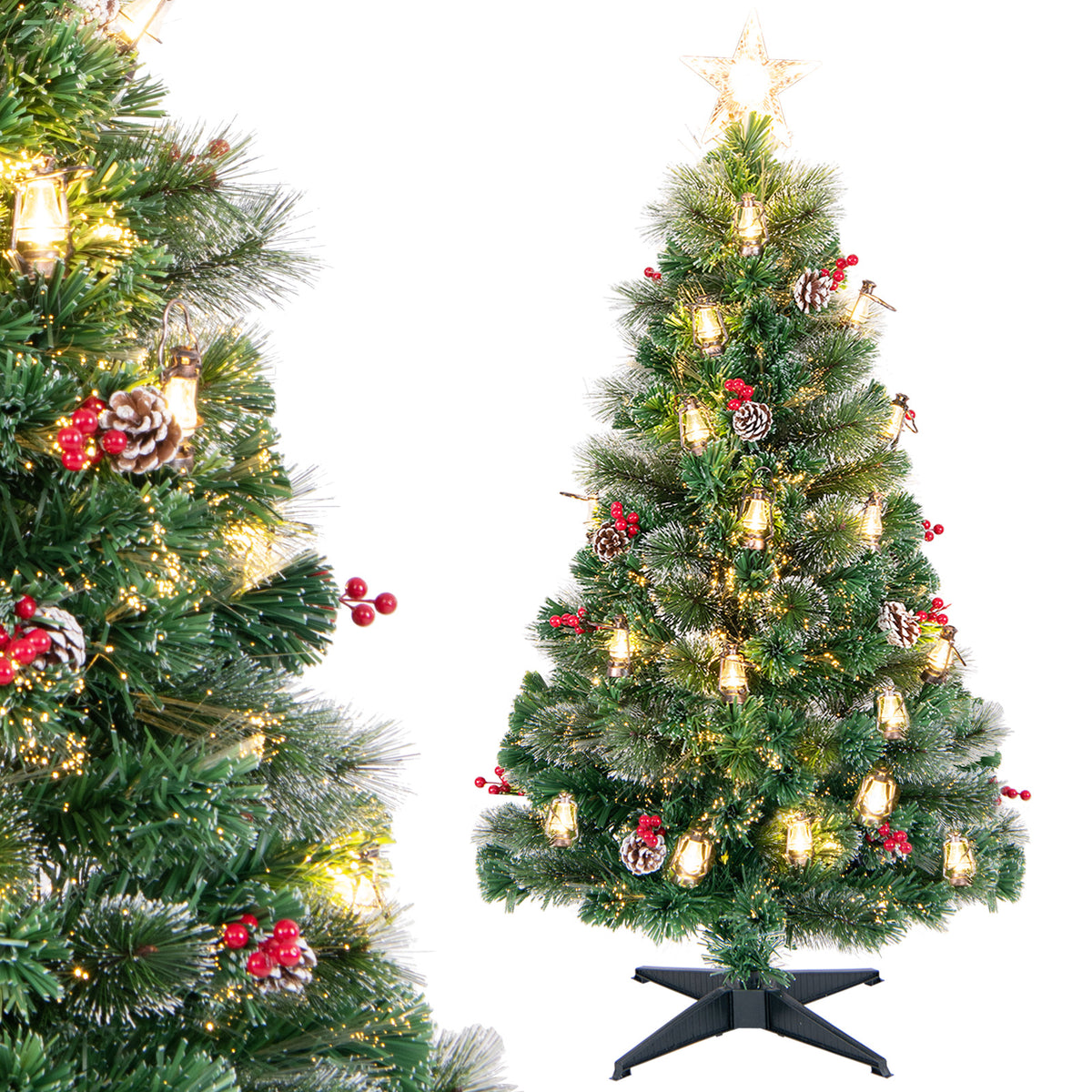 5 Ft Artificial Christmas Tree with Red Berries and Kerosene Lamps - Realistic Snowy Pine Decor