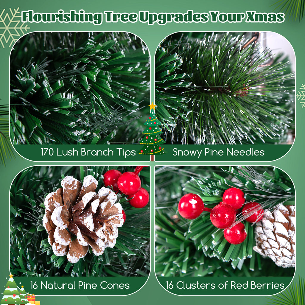 5 Ft Artificial Christmas Tree with Red Berries and Kerosene Lamps - Realistic Snowy Pine Decor
