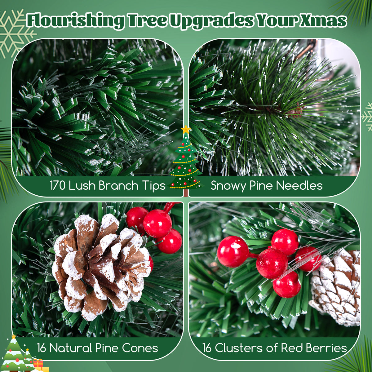 5 Ft Artificial Christmas Tree with Red Berries and Kerosene Lamps - Realistic Snowy Pine Decor