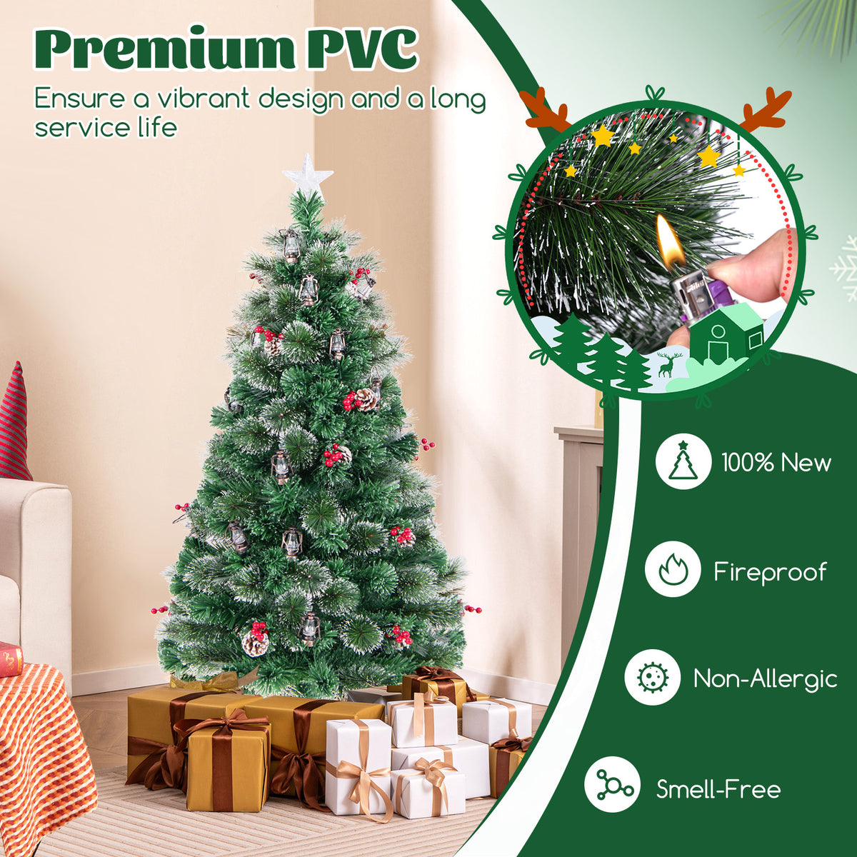 5 Ft Artificial Christmas Tree with Red Berries and Kerosene Lamps - Realistic Snowy Pine Decor