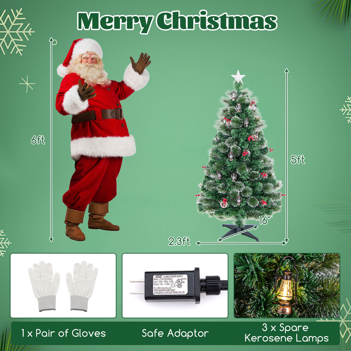 5 Ft Artificial Christmas Tree with Red Berries and Kerosene Lamps - Realistic Snowy Pine Decor