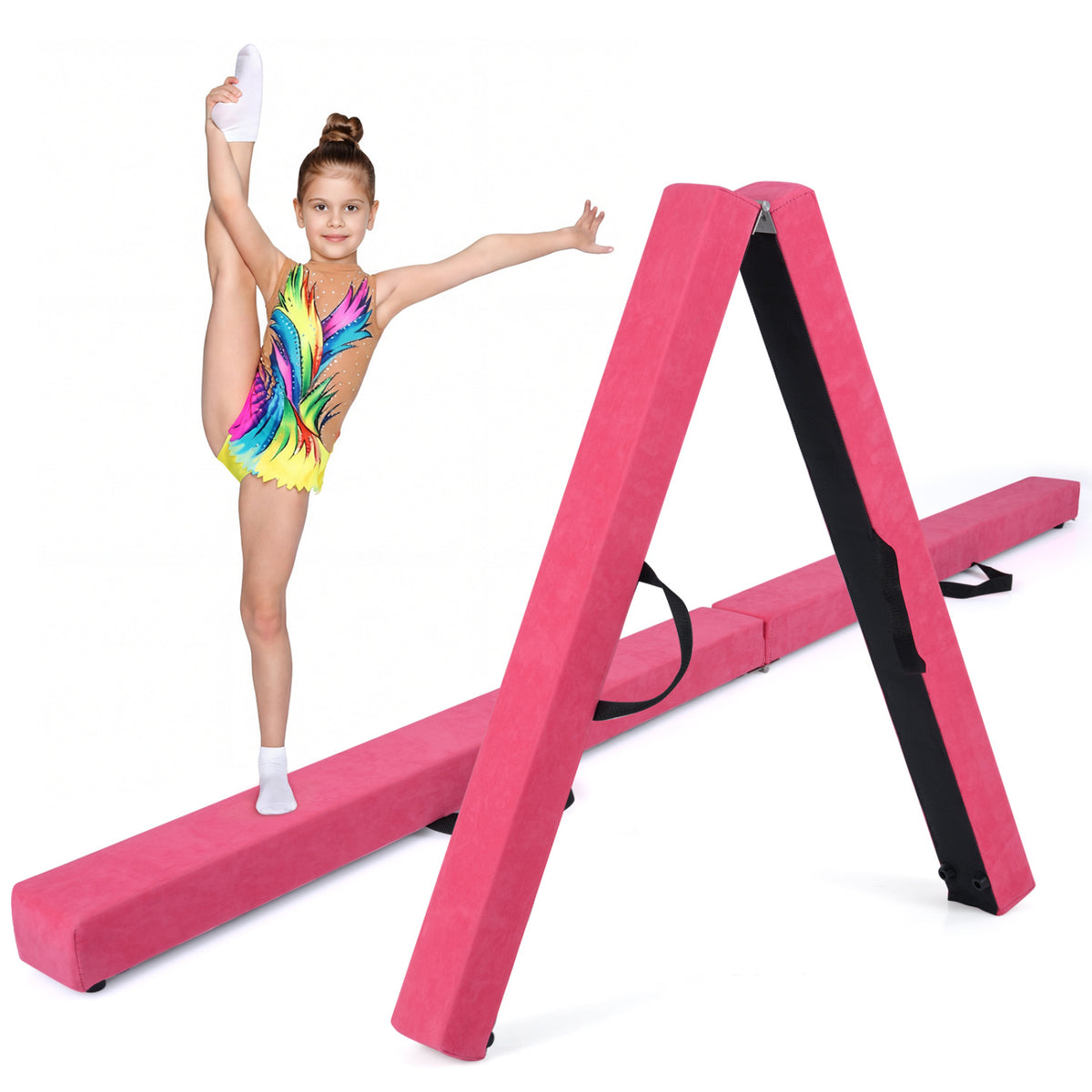 7 Feet Folding Portable Floor Balance Beam with Handles - Rose Red Variation