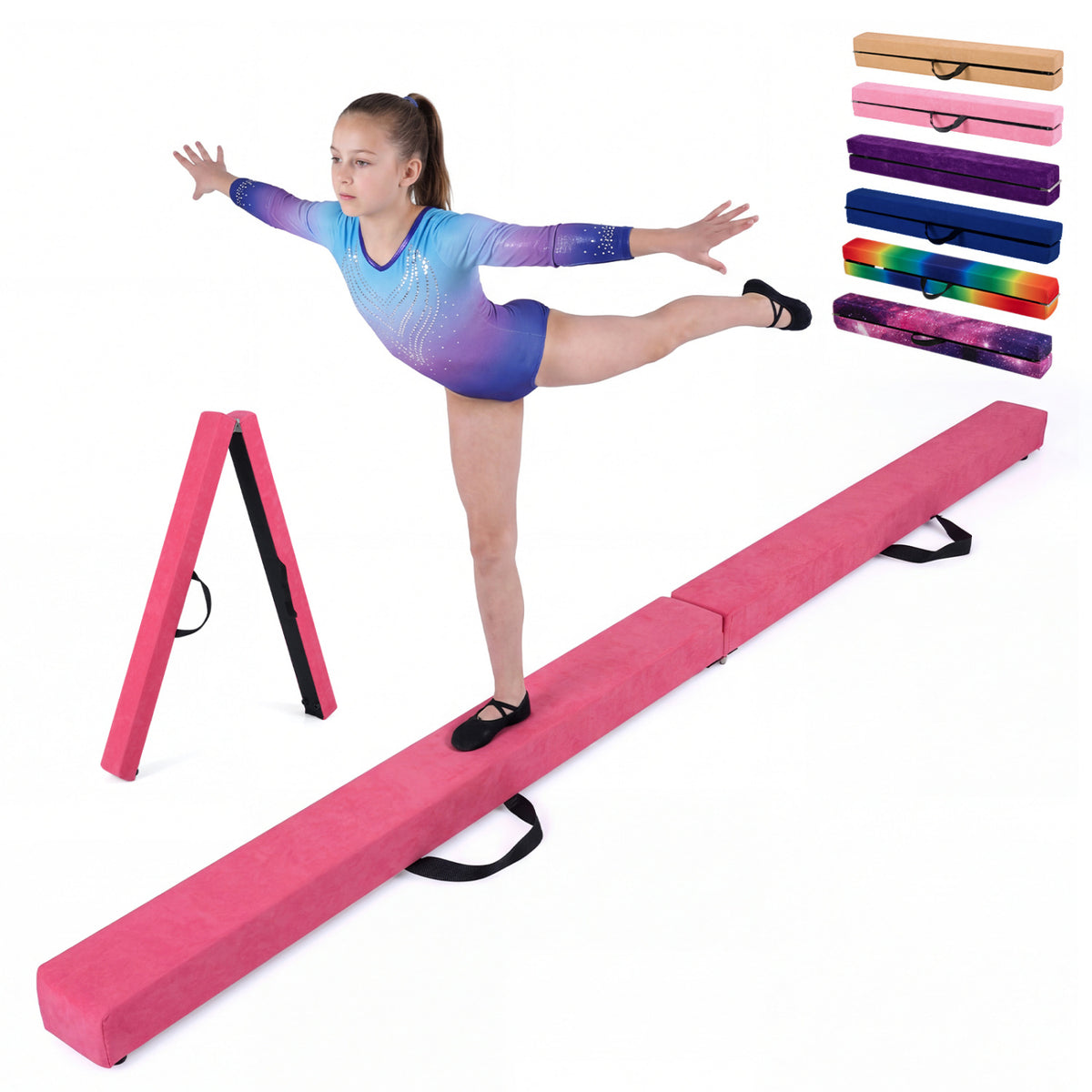 7 Feet Folding Portable Floor Balance Beam with Handles - Rose Red Variation