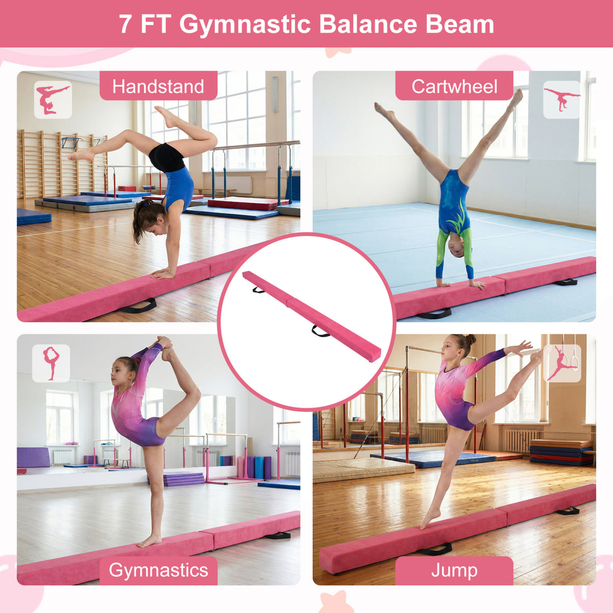 7 Feet Folding Portable Floor Balance Beam with Handles - Rose Red Variation