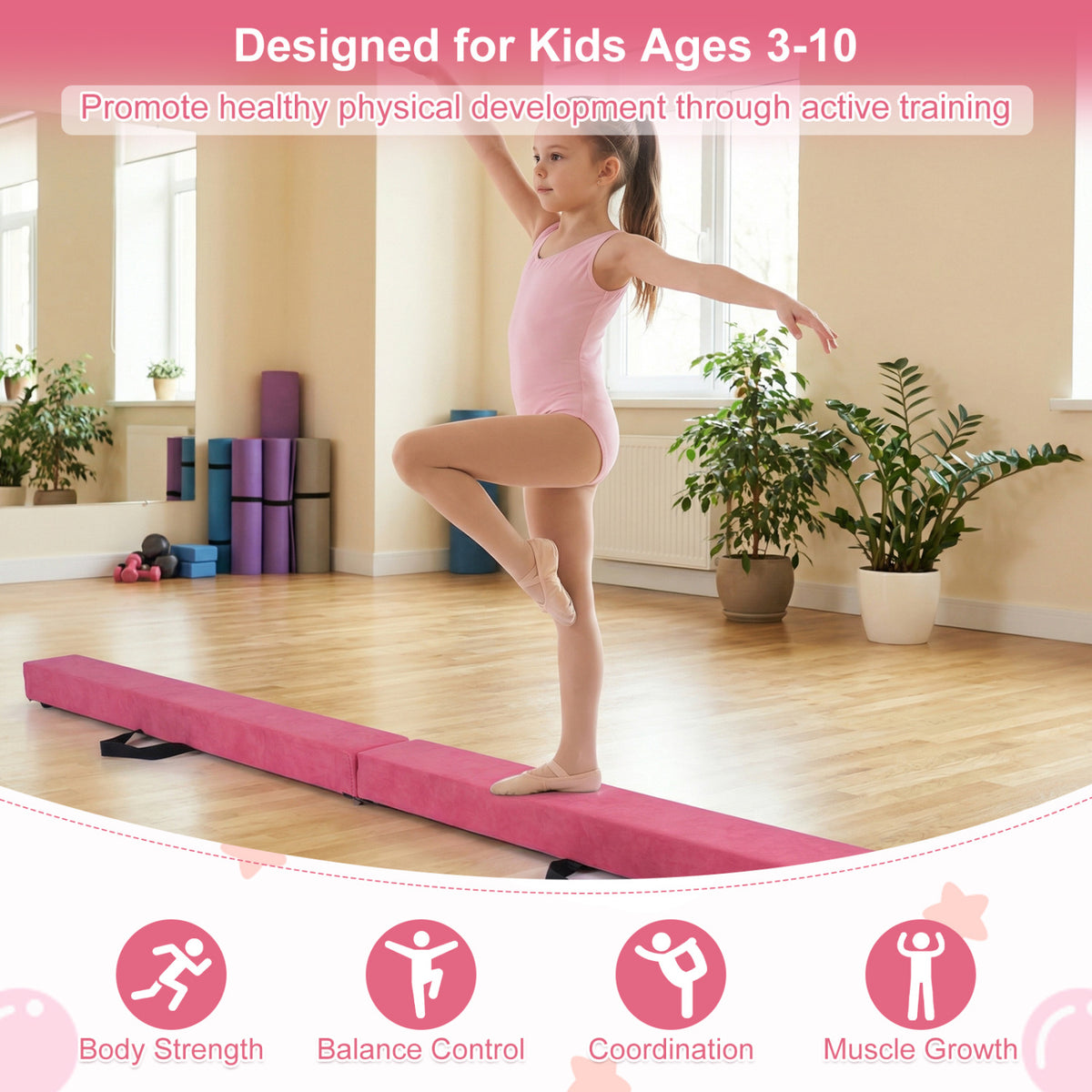 7 Feet Folding Portable Floor Balance Beam with Handles - Rose Red Variation
