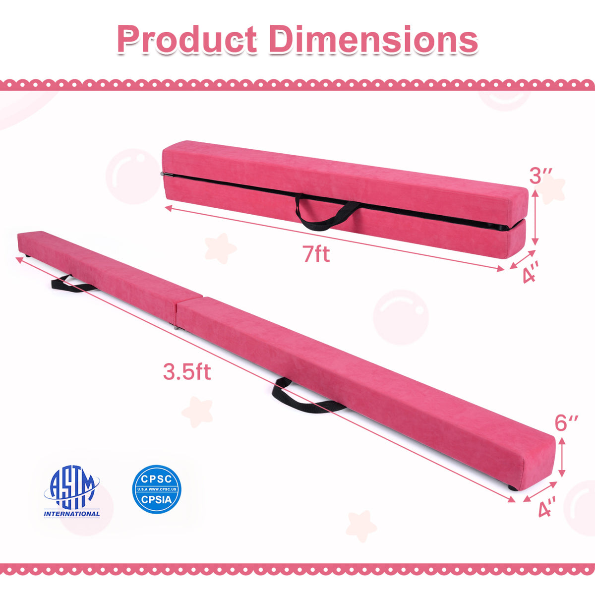 7 Feet Folding Portable Floor Balance Beam with Handles - Rose Red Variation