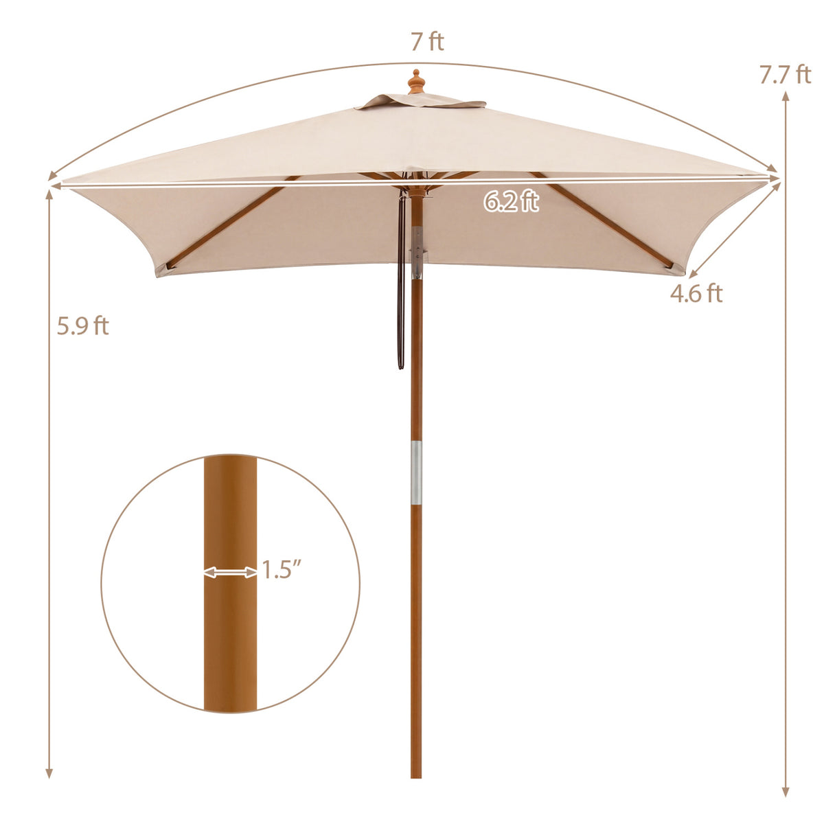 7 Feet Outdoor Rectangular Patio Umbrella with 3 Adjustable Heights