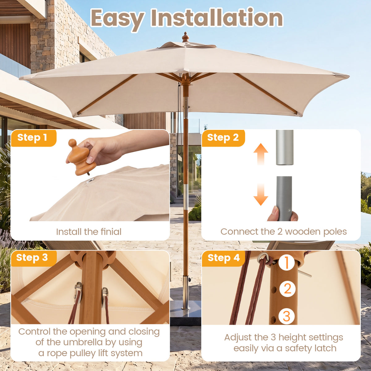 7 Feet Outdoor Rectangular Patio Umbrella with 3 Adjustable Heights