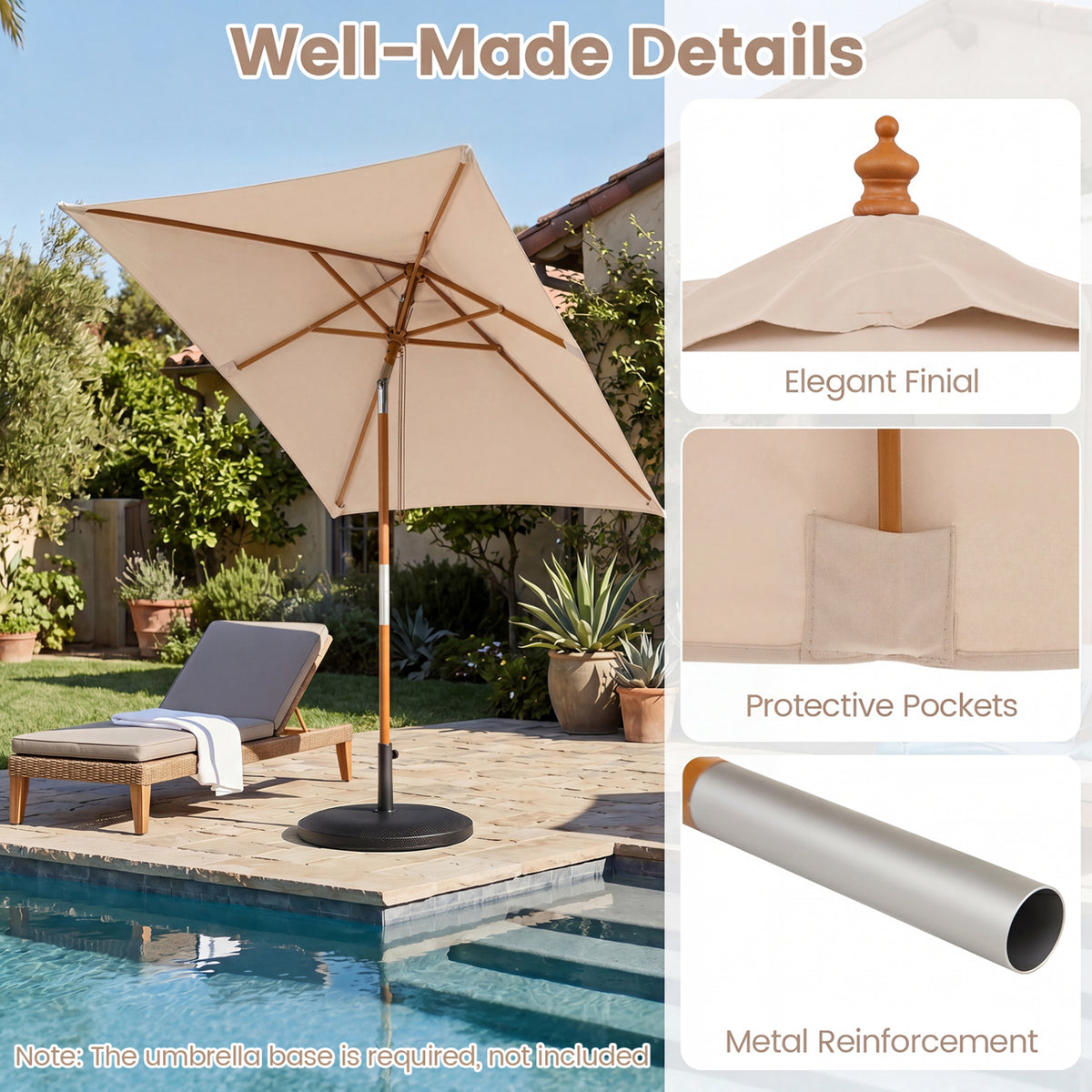 7 Feet Outdoor Rectangular Patio Umbrella with 3 Adjustable Heights