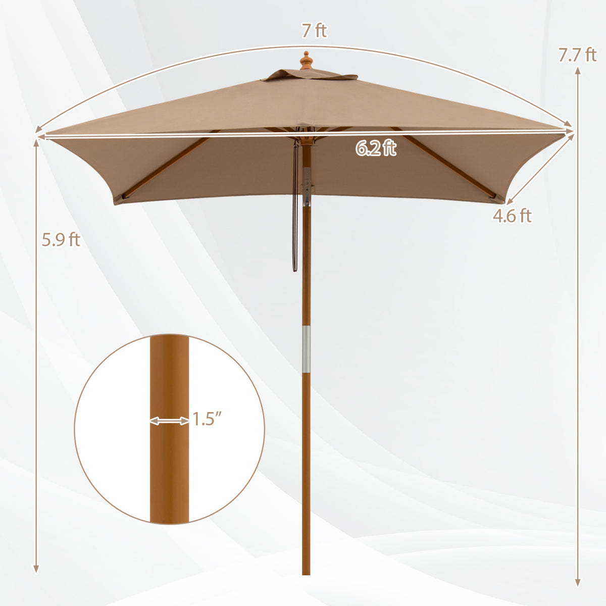 7 Feet Outdoor Rectangular Patio Umbrella with 3 Adjustable Heights