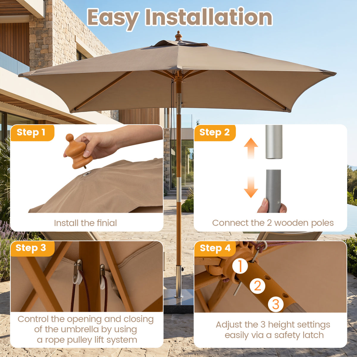 7 Feet Outdoor Rectangular Patio Umbrella with 3 Adjustable Heights