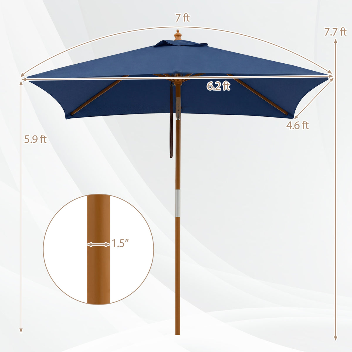 7 Feet Outdoor Rectangular Patio Umbrella with 3 Adjustable Heights