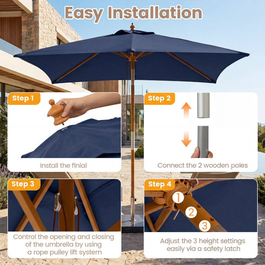 7 Feet Outdoor Rectangular Patio Umbrella with 3 Adjustable Heights
