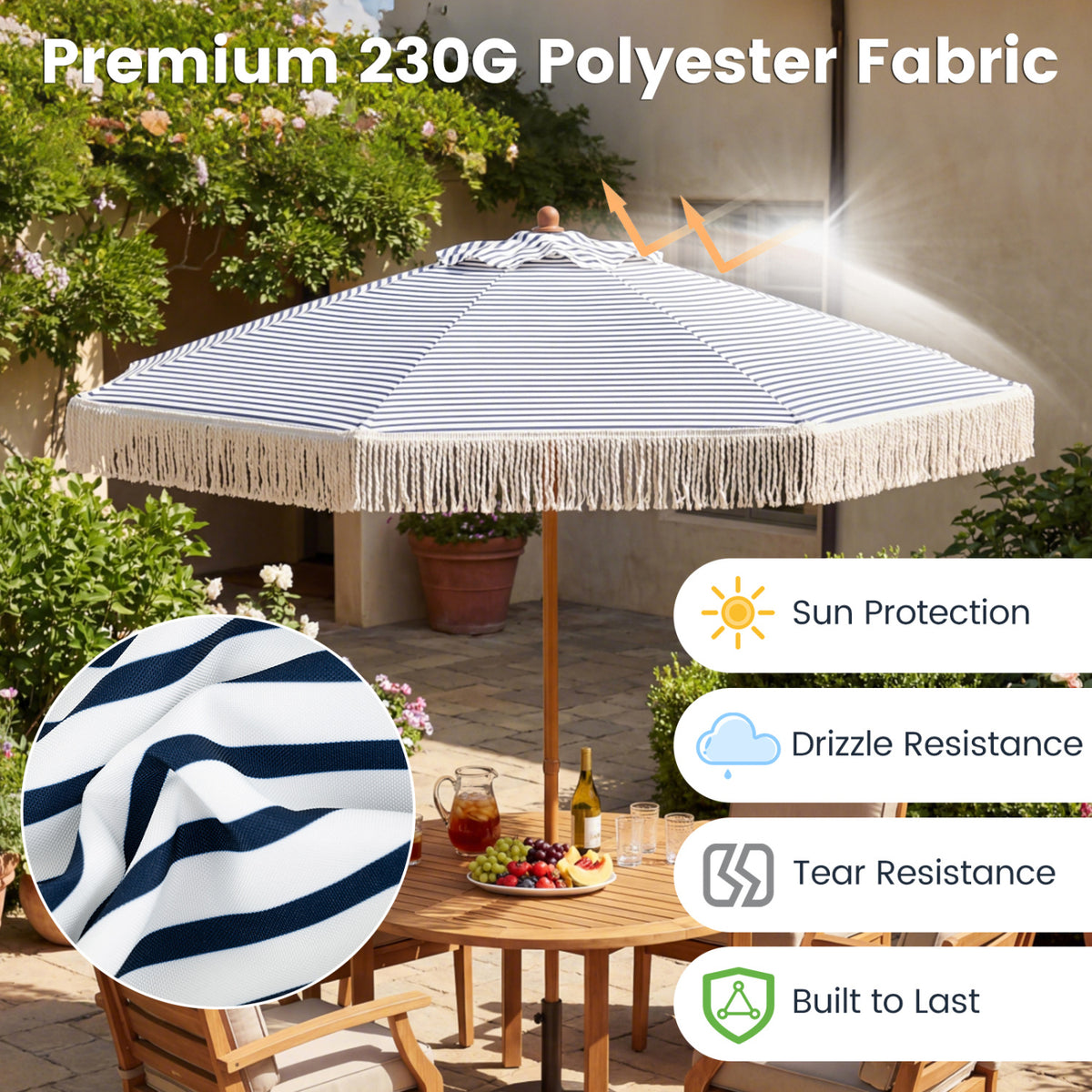 7 Feet Patio Umbrella with Boho Fringe - Blue, Style 3