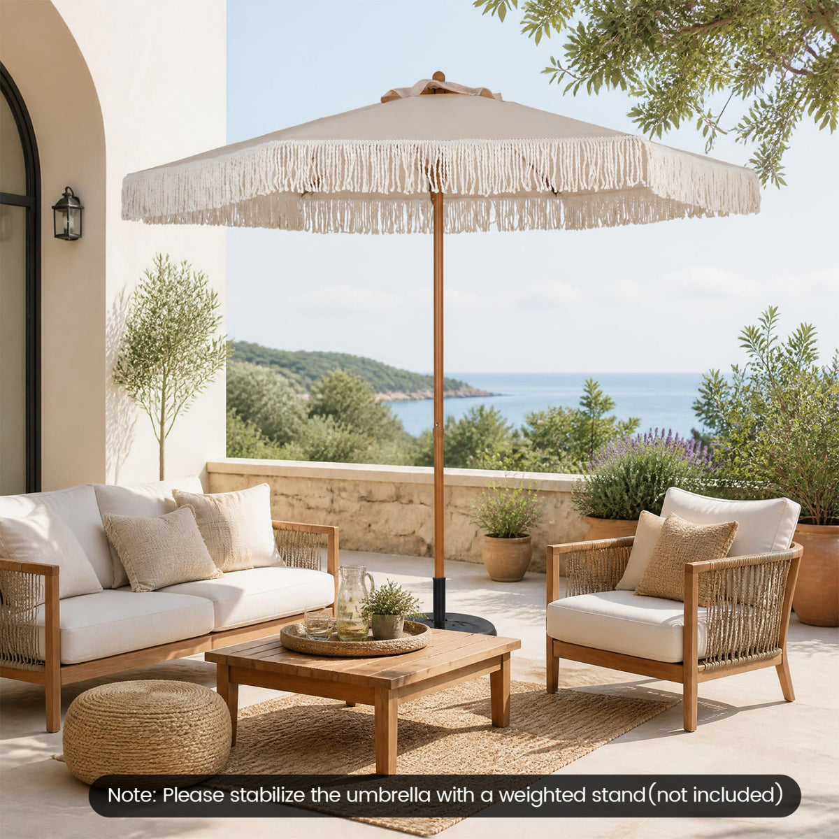 7 Feet Patio Umbrella with Boho Fringe Tassels - Beige
