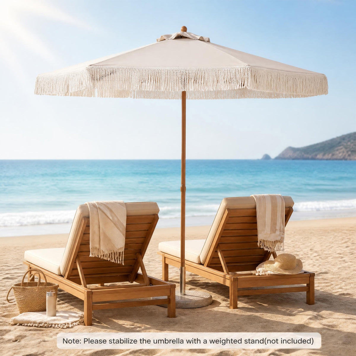 7 Feet Patio Umbrella with Boho Fringe Tassels - Beige