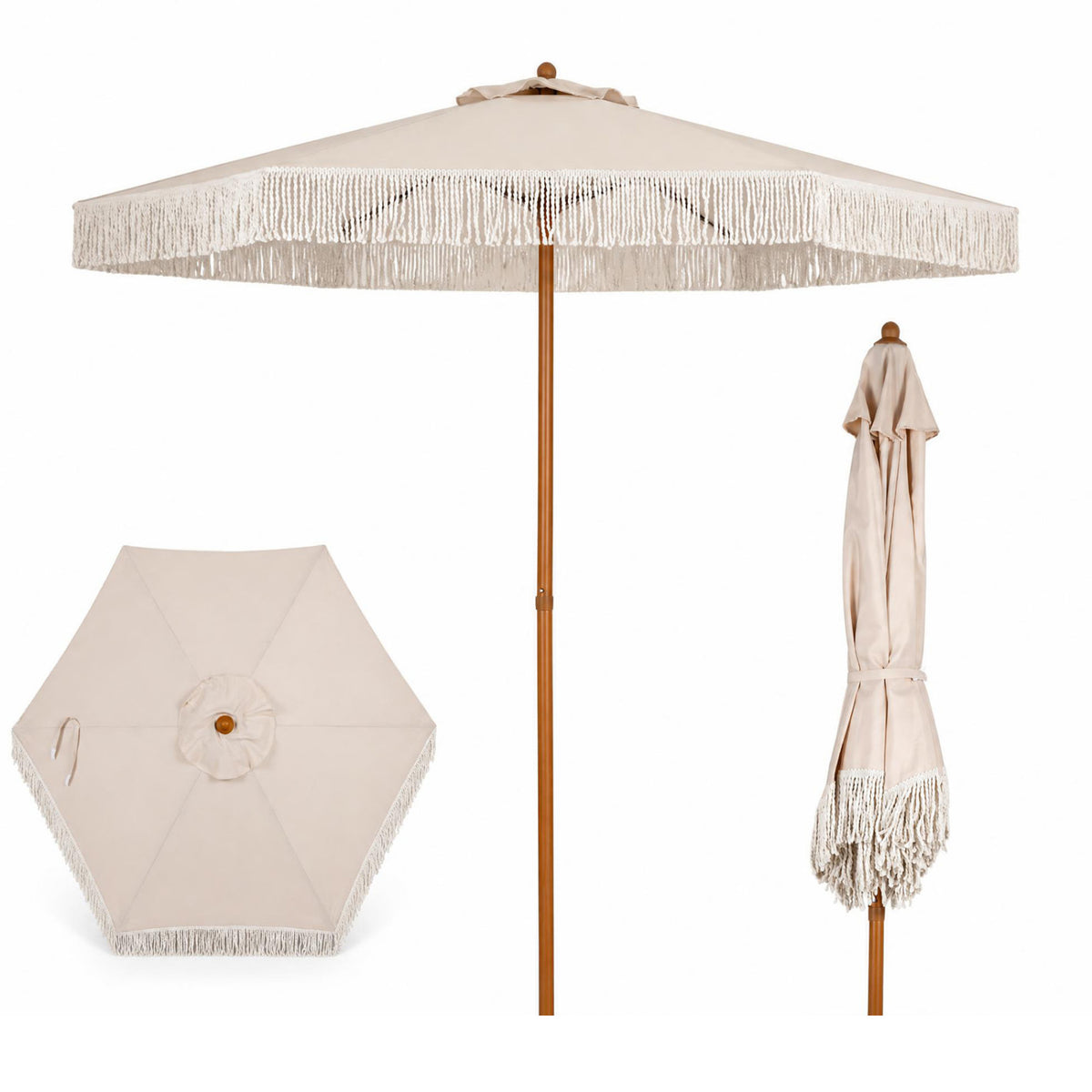 7 Feet Patio Umbrella with Boho Fringe Tassels - Beige