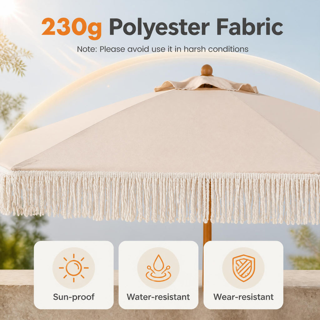 7 Feet Patio Umbrella with Boho Fringe Tassels - Beige