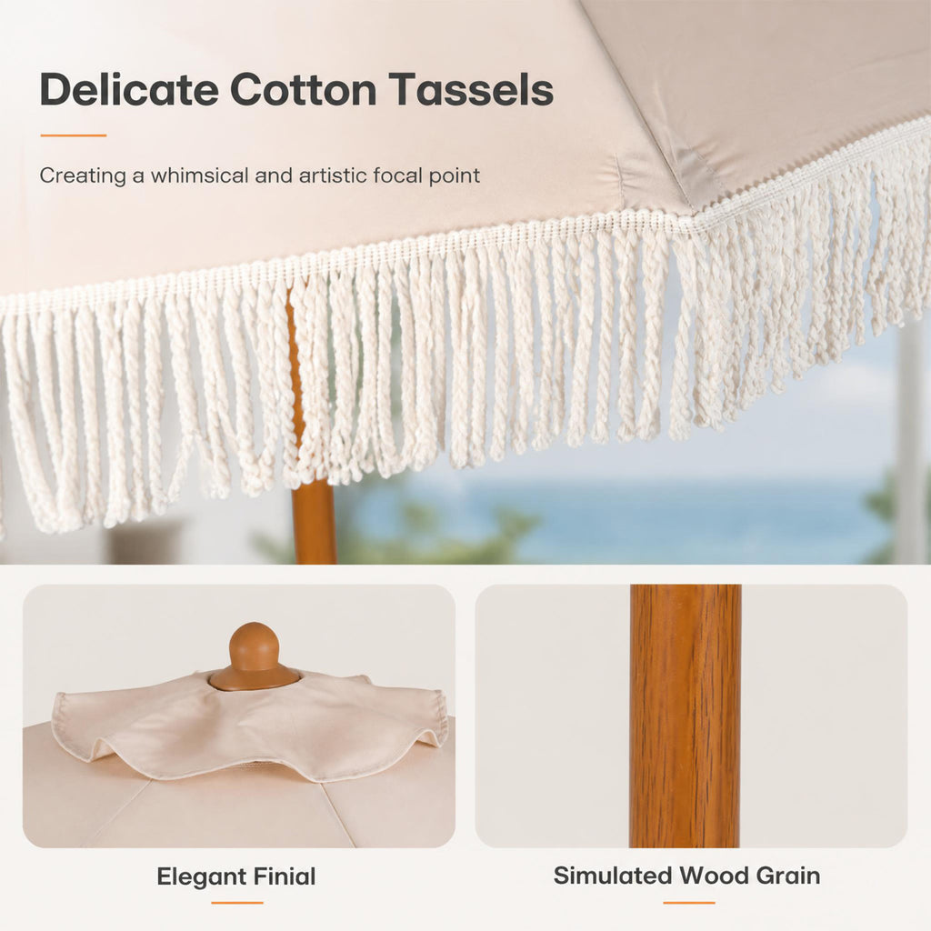 7 Feet Patio Umbrella with Boho Fringe Tassels - Beige