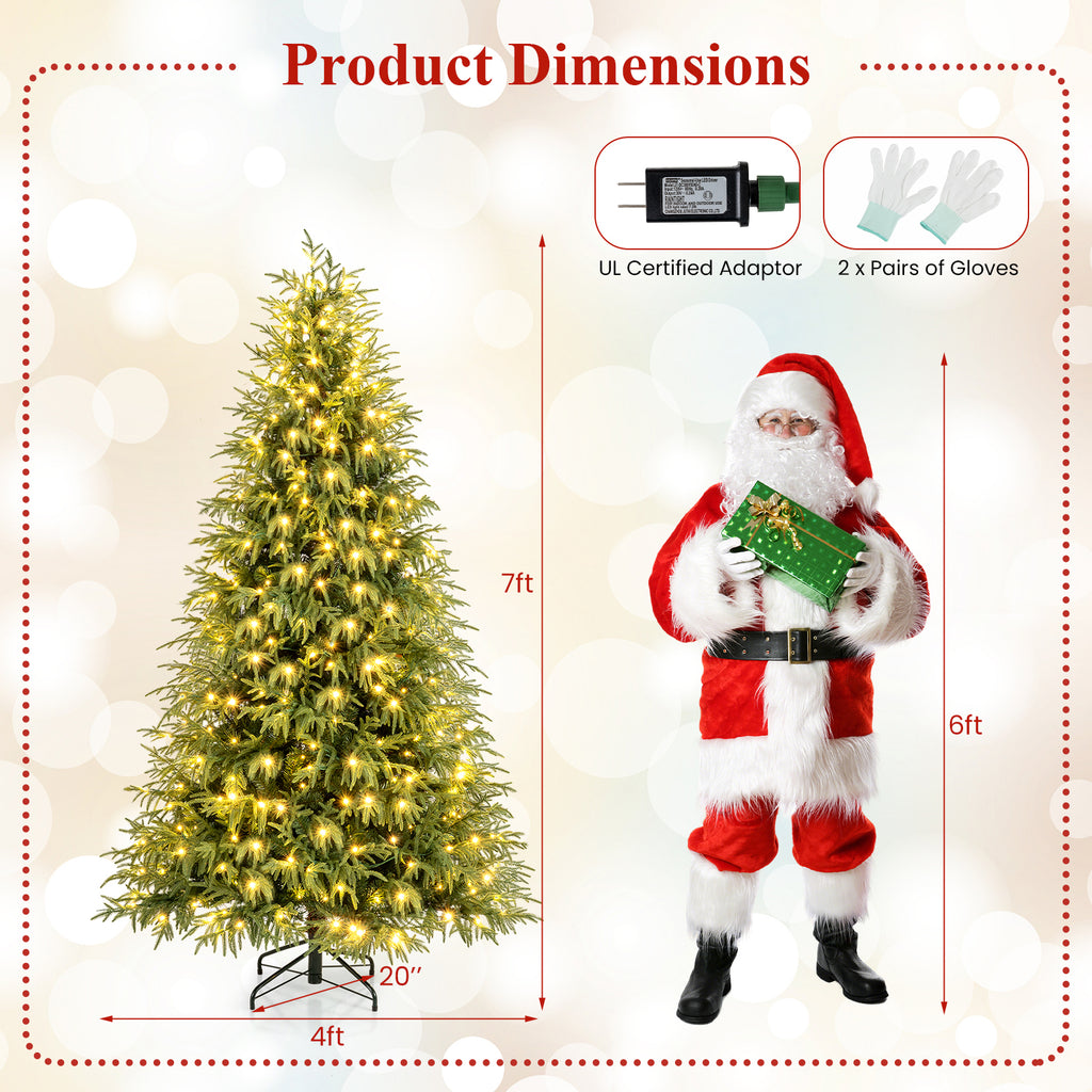 7 Ft Pre-Lit Artificial Christmas Tree Hinged Faux Xmas Tree with Soft Tips - Costway