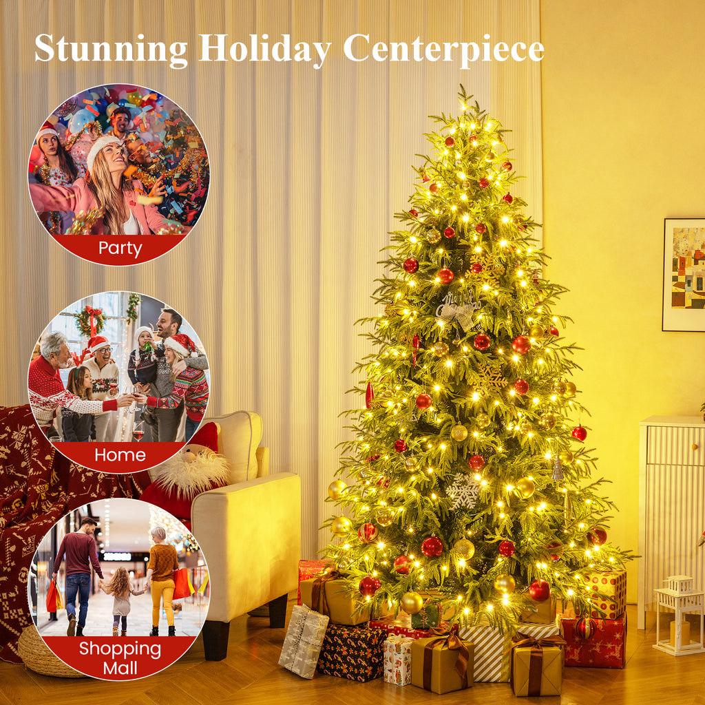 7 Ft Pre-Lit Artificial Christmas Tree Hinged Faux Xmas Tree with Soft Tips - Costway