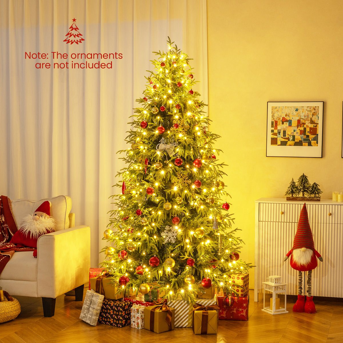 7 Ft Pre-Lit Artificial Christmas Tree Hinged Faux Xmas Tree with Soft Tips - Costway