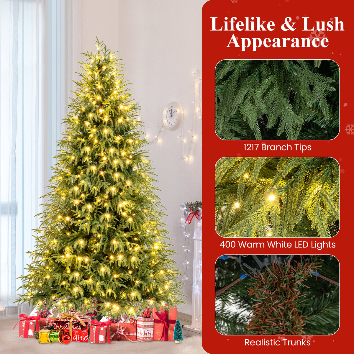 7 Ft Pre-Lit Artificial Christmas Tree Hinged Faux Xmas Tree with Soft Tips - Costway