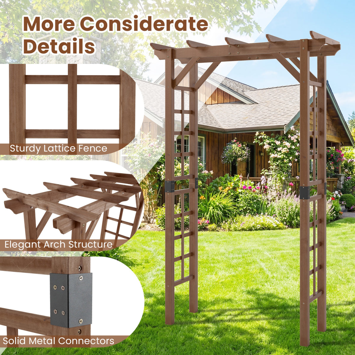 7 Ft Garden Arch Wooden Arbor Outdoor Wood Trellis for Climbing Plants