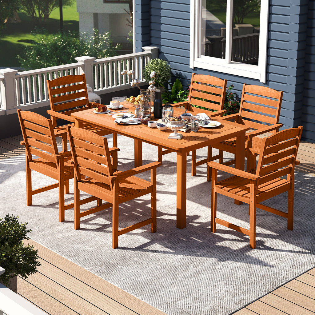 7 Pcs Outdoor Dining Set Teak Oil Finish Slatted Rectangular Table