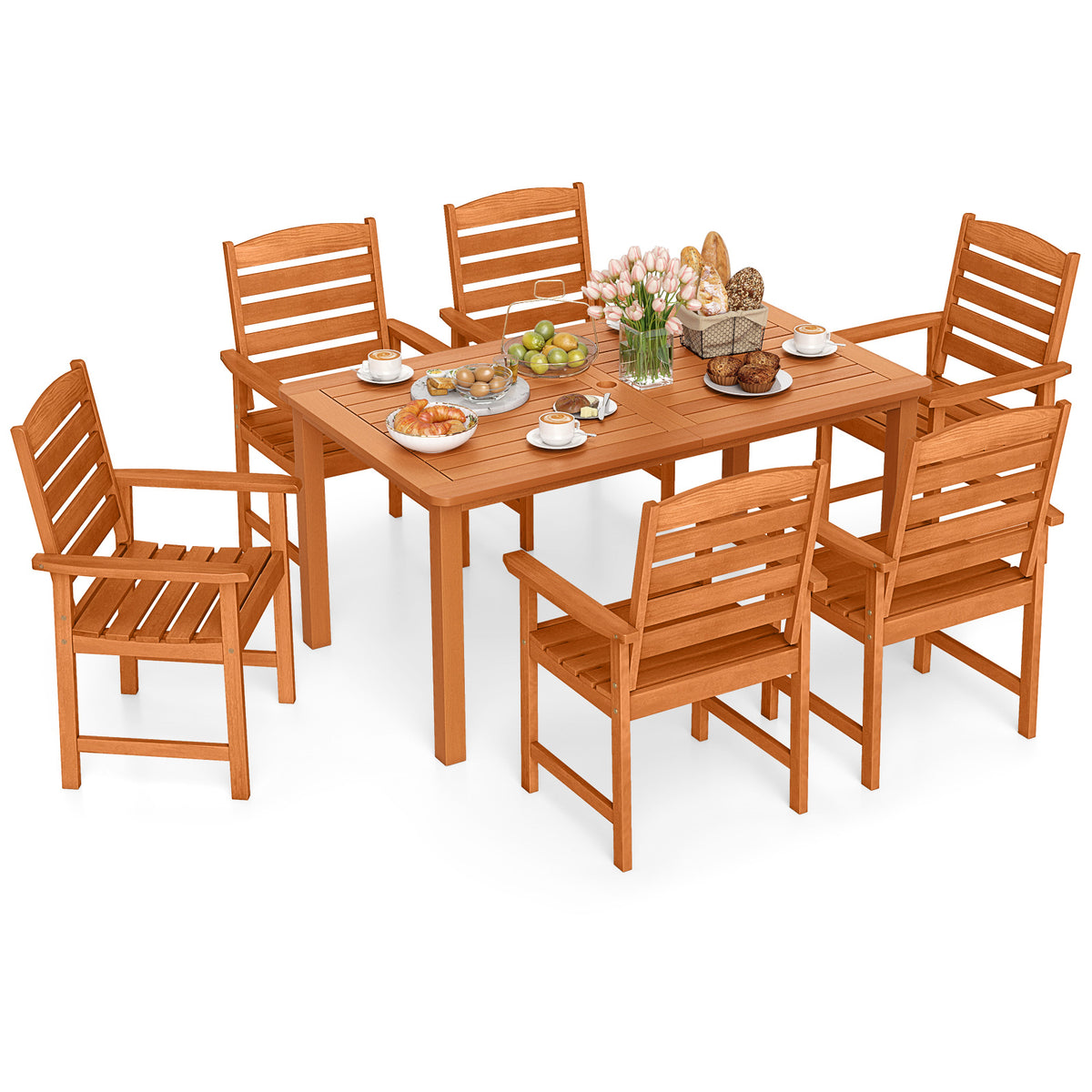 7 Pcs Outdoor Dining Set Teak Oil Finish Slatted Rectangular Table