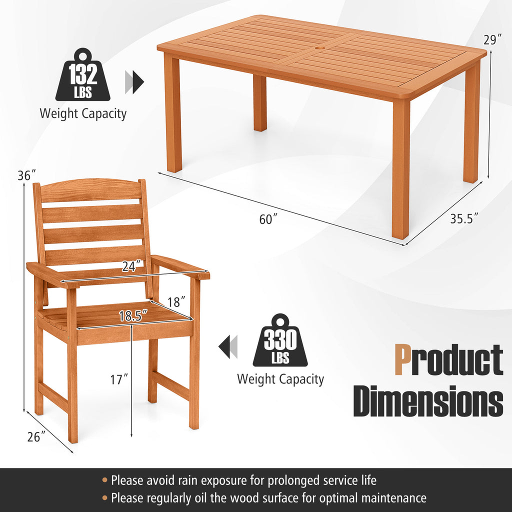 7 Pcs Outdoor Dining Set Teak Oil Finish Slatted Rectangular Table