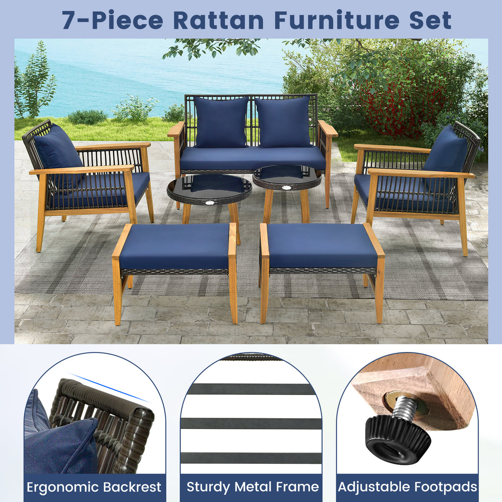 7-Piece Outdoor Conversation Set with Acacia Wood Frame – Navy
