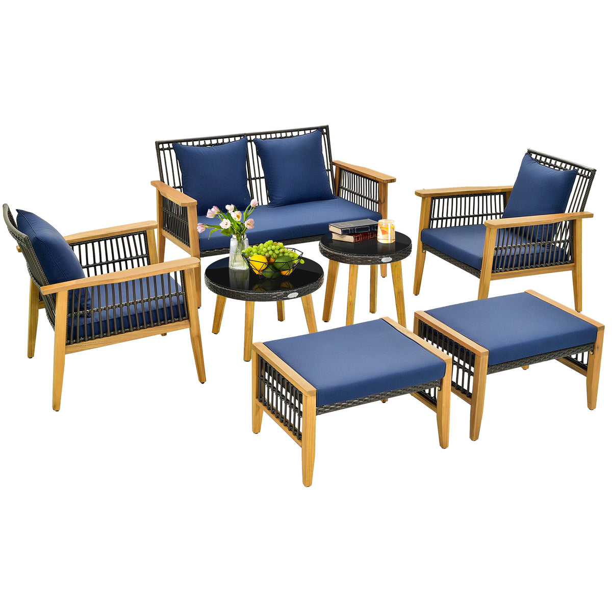 7-Piece Outdoor Conversation Set with Acacia Wood Frame – Navy