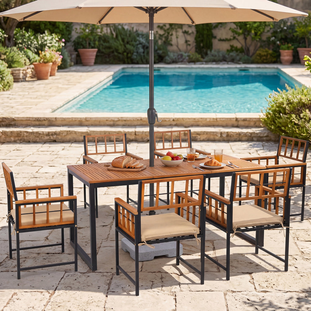 7-Piece Outdoor Dining Set with Acacia Wood Table & Chairs and