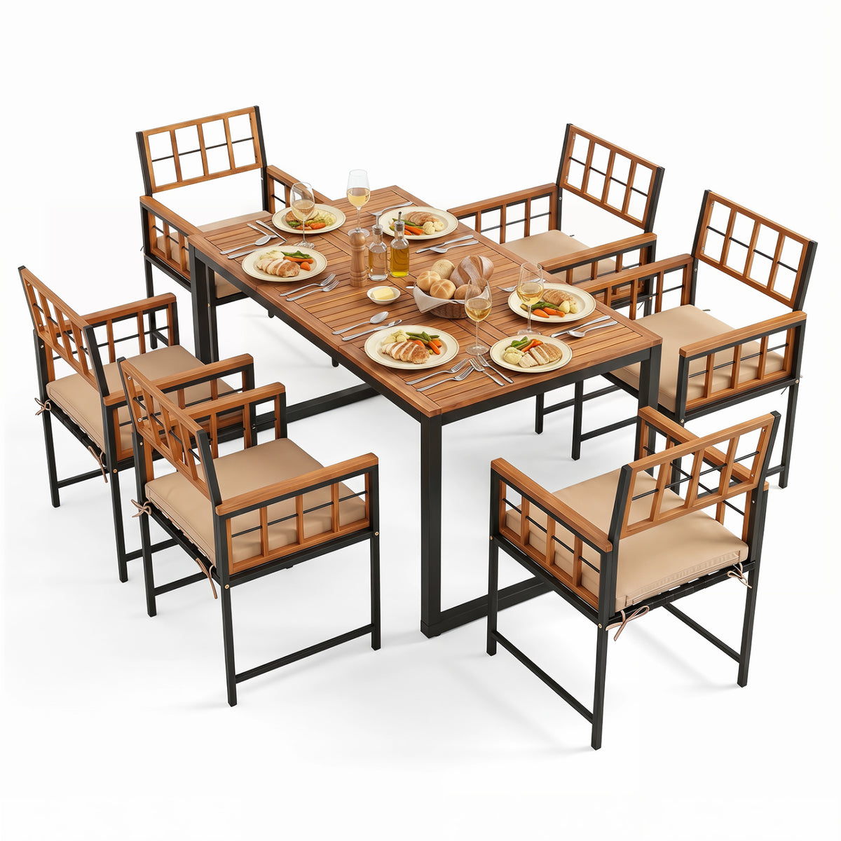 7-Piece Outdoor Dining Set with Acacia Wood Table & Chairs and