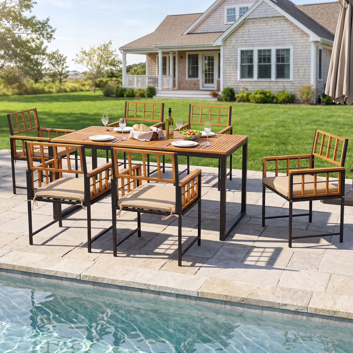 7-Piece Outdoor Dining Set with Acacia Wood Table & Chairs and