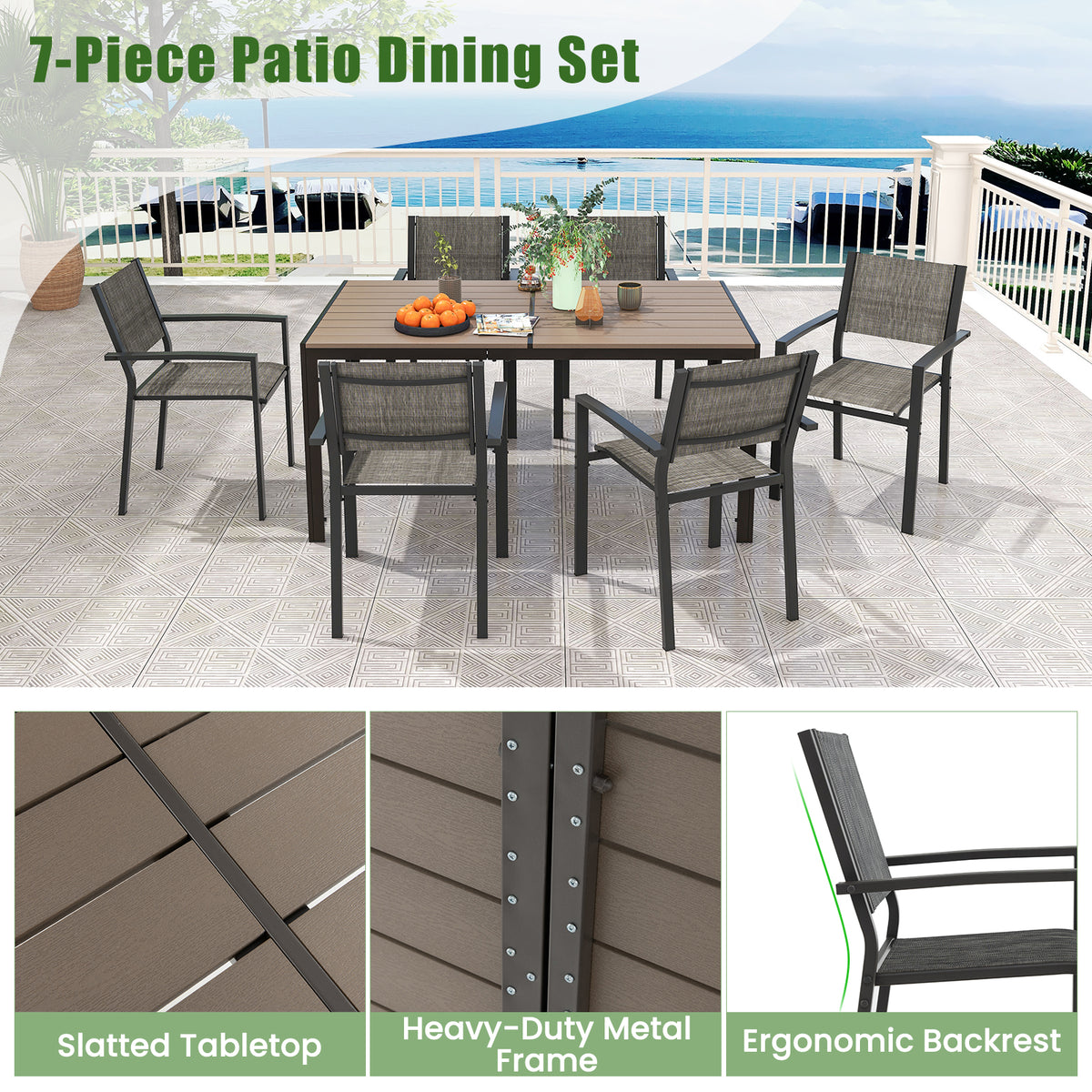 7 Piece Outdoor Dining Set with 6 Stackable Chairs and Large