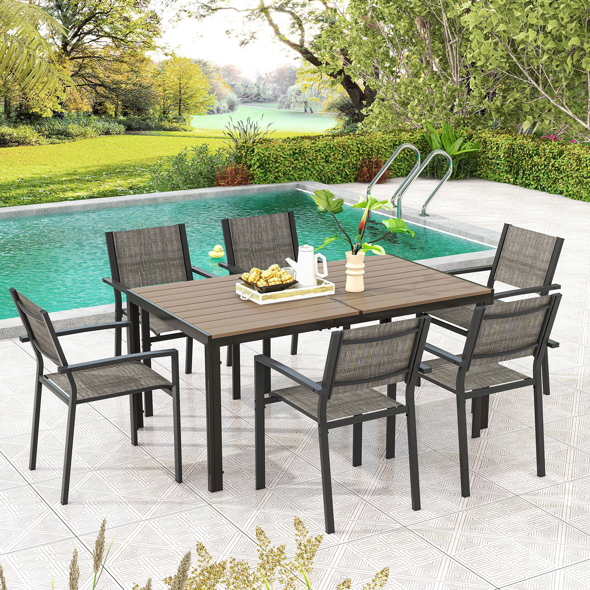 7 Piece Outdoor Dining Set with 6 Stackable Chairs and Large