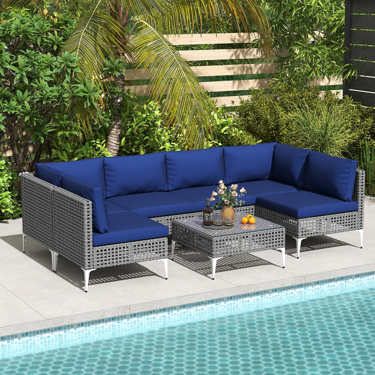 7 Piece Outdoor Furniture Set Wicker Chairs with Tempered Glass