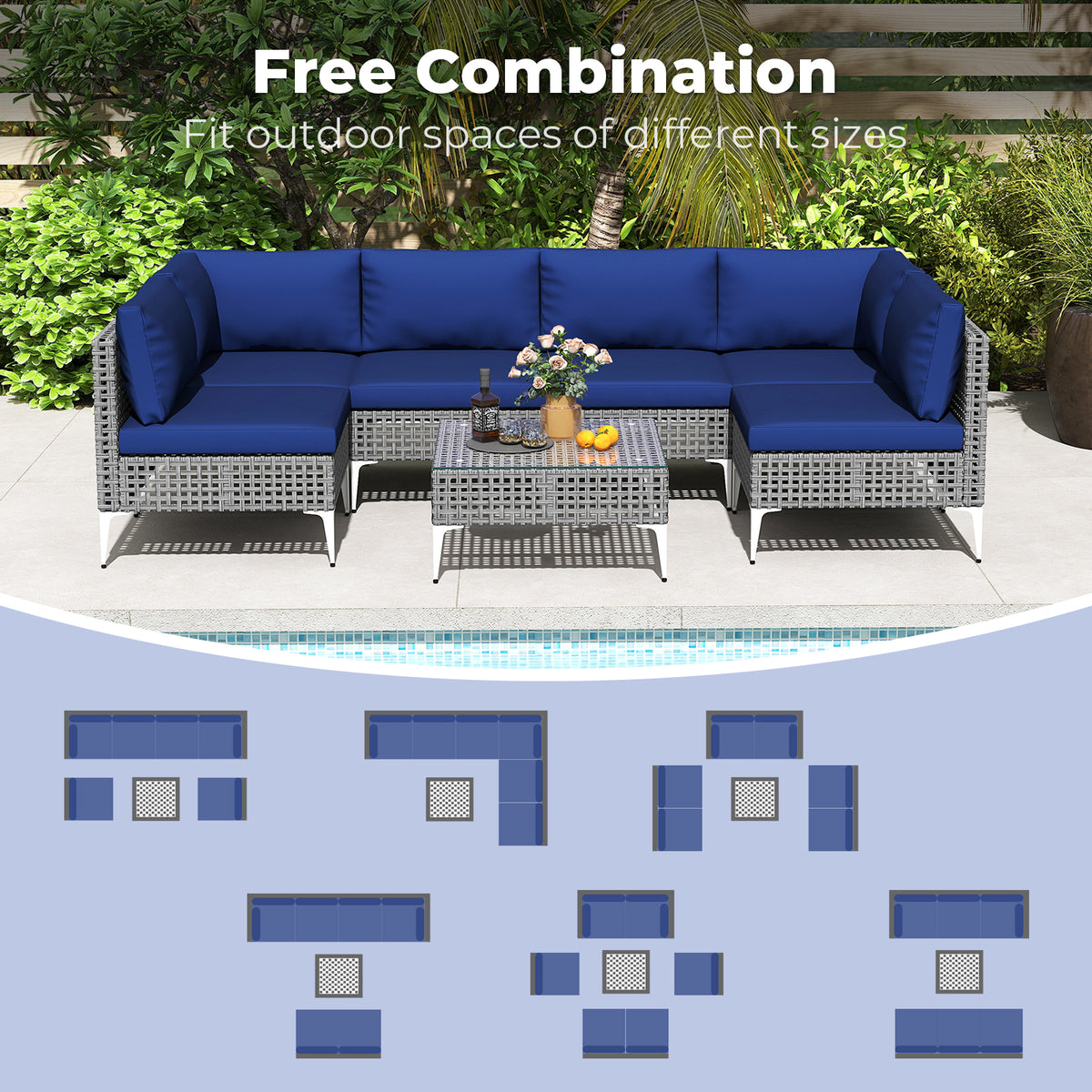 7 Piece Outdoor Furniture Set Wicker Chairs with Tempered Glass