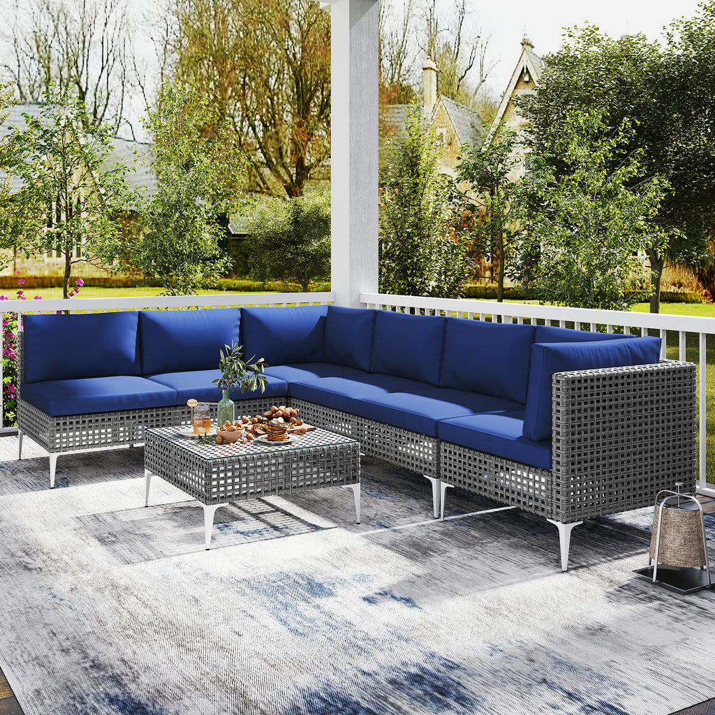 7 Piece Outdoor Furniture Set Wicker Chairs with Tempered Glass