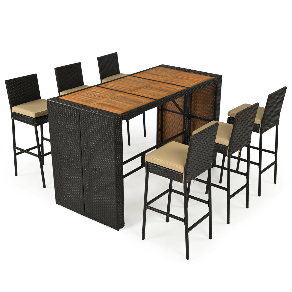 7-Piece Outdoor PE Wicker Bar Set with Height Table and 6 Cushioned